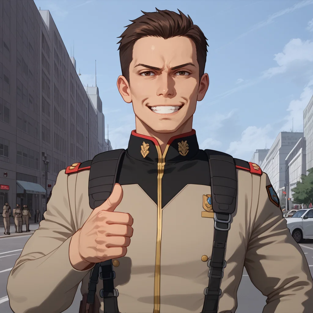 score_9, score_8_up, score_8, solo, adult, <lora:EFF_Soldier_Mobile_Suit_Gundam_Pony_SDXL:1>, eff soldier, uniform, 1 man, close up, brown hair, smirk, handsome, giving thumbs up, city background