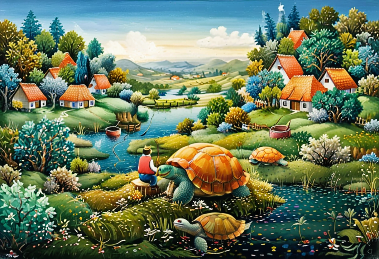 dr4g4n, style of dr4g4n,A whimsical naïve art painting depicting a man fishing on a river while sitting on the back of a giant turtle. The man is dressed in simple rural attire, with a straw hat and a fishing pole in hand, looking calm and focused. The giant turtle is depicted in vibrant, exaggerated proportions with a playful expression, its shell adorned with patterns resembling fields or small patches of vegetation. The river is a rich blue, winding through a rural village, with small, colorful cottages and trees lining the banks. The sky is bright and cheerful, painted in soft, pastel hues. The scene is filled with charming, childlike details, such as birds flying above and small fish visible beneath the water's surface, evoking a magical and serene atmosphere.<lora:dr4g4n:1>,<lora:SDXLFaeTastic2400:0.4> <lora:extremely_detailed:0.4> extremely detailed, Masterpiece,best quality,hi res,8k,hi res,8k,award winning,(sharp focus, intricate, highly detailed),