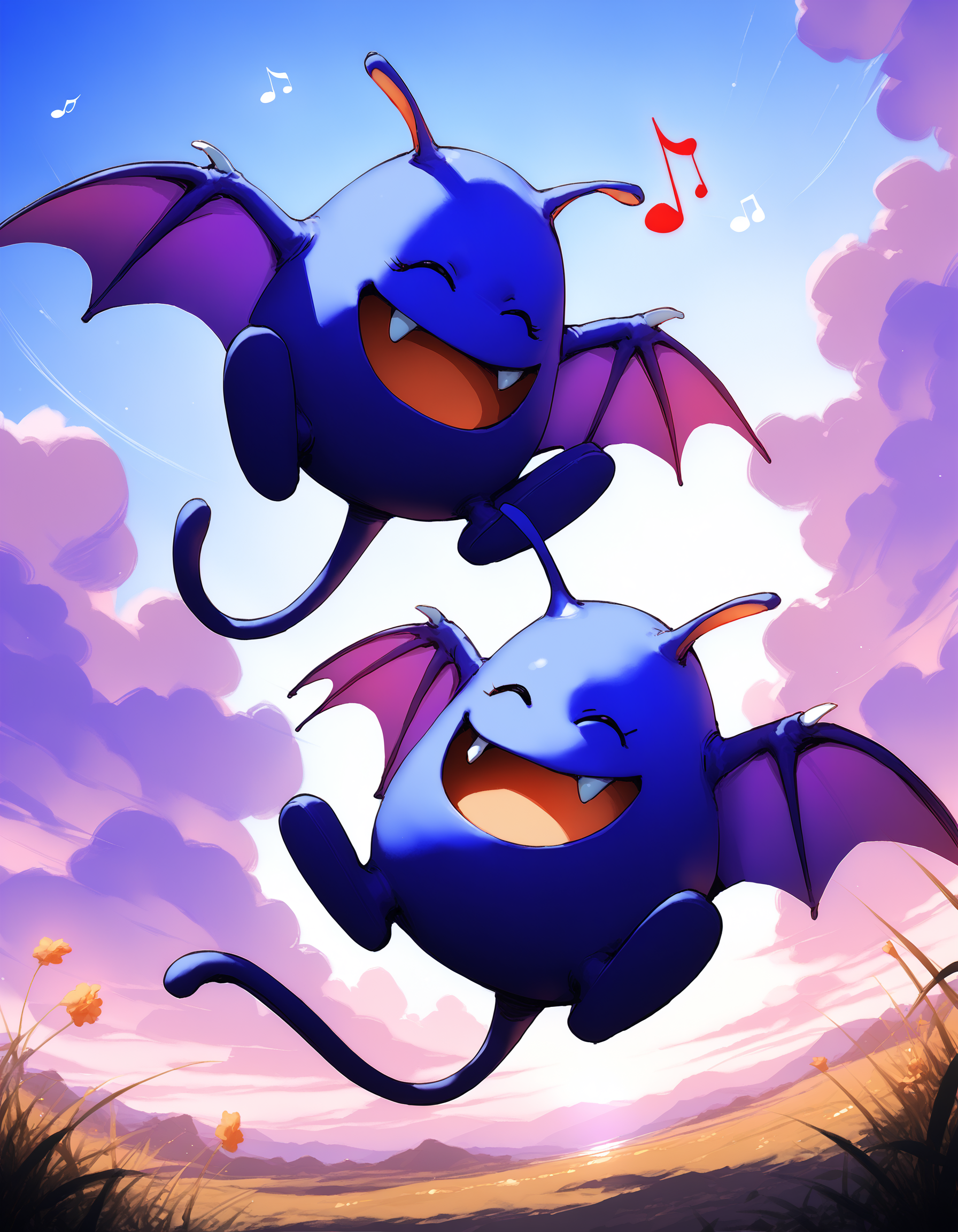 zPDXL3,full_body,field,<lora:Pony_DetailV2.0:1>,day,2others,
BREAK dracky,flying,no humans,:D,fang,black eyes,bat wings,open mouth,<lora:dracky-v2-pony:1>,happy,singing,musical note,closed eyes,