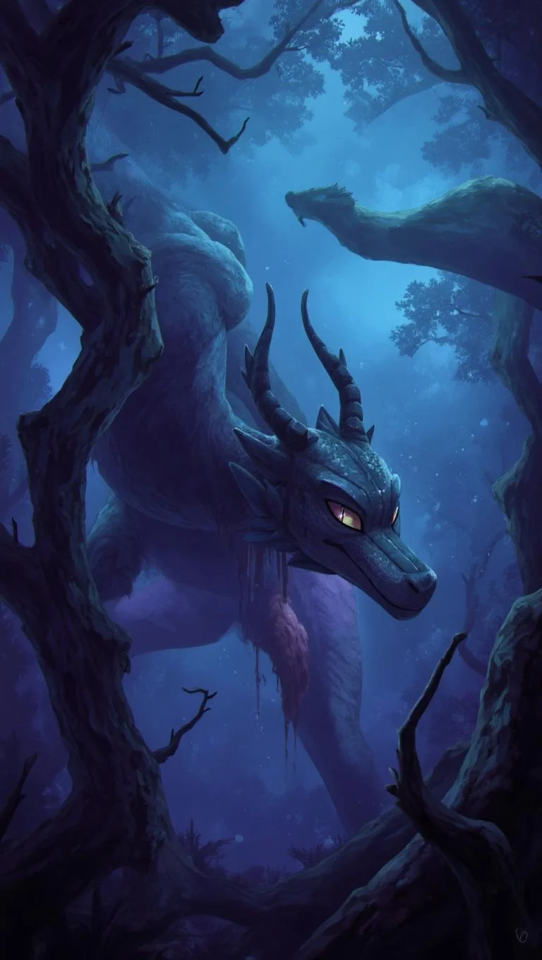 <lora:ck-LttleGhost-000011.safetensors:1> in the style of ck-lttlegh0stIn this haunting digital artwork, an underwater monster with serpentine and draconic features glides through a foggy forest, surrounded by twisted trees that seem to defy the laws of nature. The atmosphere is heavy with mystery and foreboding, evoked by a mesmerizing blend of blues and purples. The level of detail in this piece is unparalleled, drawing the viewer into its mystical world.