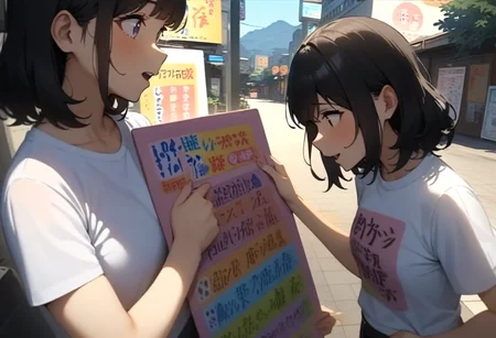 masterpiece, best quality, very aesthetic, absurdres,
2girls, black hair, medium hair, t-shirt, holding, (poster board), outdoors,
<lora:saikoro_no_tabbi_SDXL_V1:0.8>
