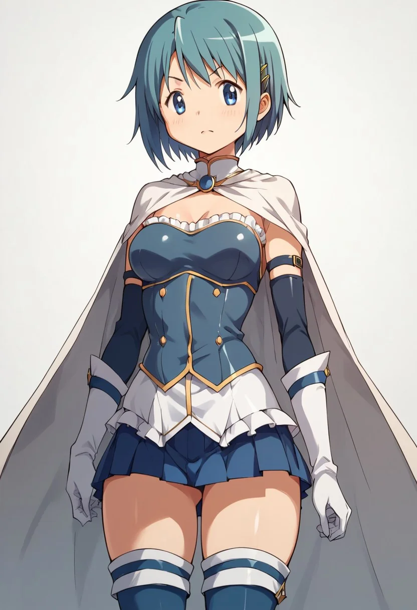 score_9, score_8_up, score_7_up, score_6_up, score_5_up, score_4_up, masterpiece, anime_lineart anime coloring, solo, big thighs, thin waist, medium breasts, White background, Sayaka Miki, Blue hair, blue eyes, Short hair, magical girl, Short skirt, cape