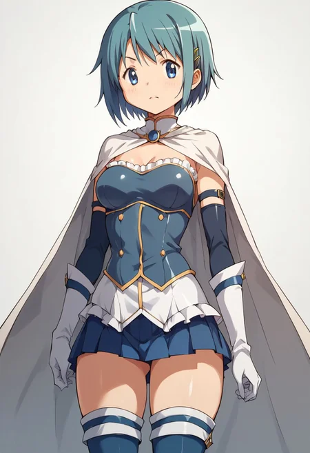 score_9, score_8_up, score_7_up, score_6_up, score_5_up, score_4_up, masterpiece, anime_lineart anime coloring, solo, big thighs, thin waist, medium breasts, White background, Sayaka Miki, Blue hair, blue eyes, Short hair, magical girl, Short skirt, cape
