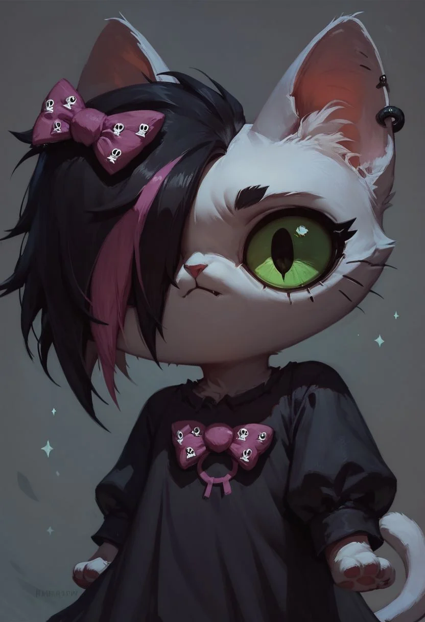 score_9, score_8_up, score_7_up, score_6_up,
digital art,
Mursday, 1girl, cat girl,
black dress, multicolored hair, green eyes, bow