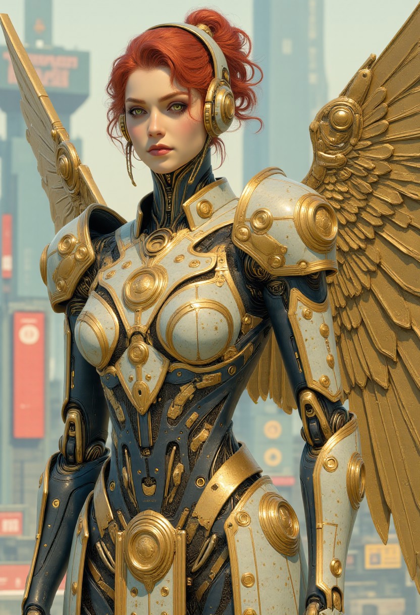 In the style of ff-td, A beautiful female sci-fi knight in gold and silver colored power armour. Her red hair is tied into a high ponytail and her eyes glow with golden light. On her back, large mechanical wings attached to her armor. The background is a bright, futuristic city.