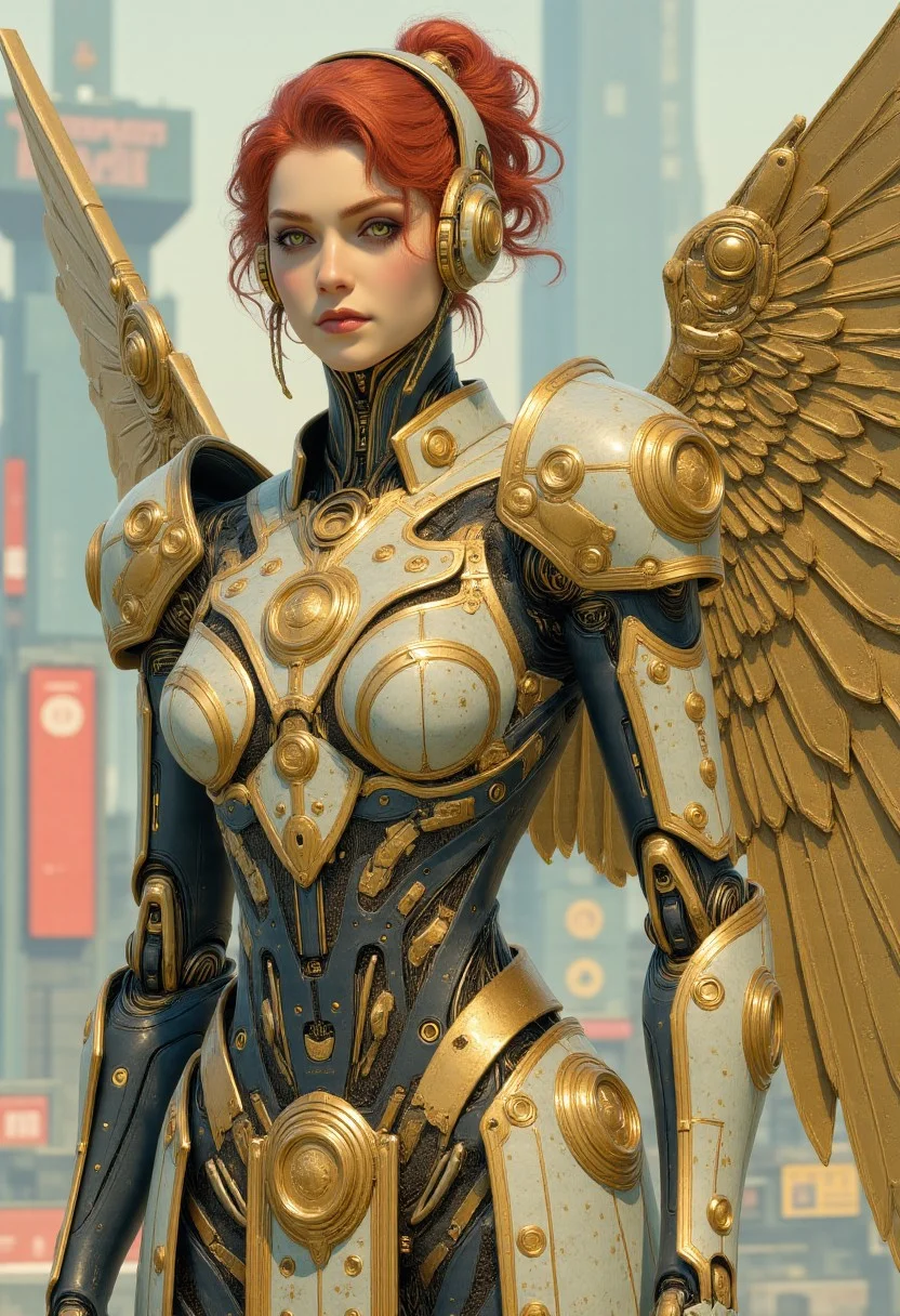 In the style of ff-td, A beautiful female sci-fi knight in gold and silver colored power armour. Her red hair is tied into a high ponytail and her eyes glow with golden light. On her back, large mechanical wings attached to her armor. The background is a bright, futuristic city.