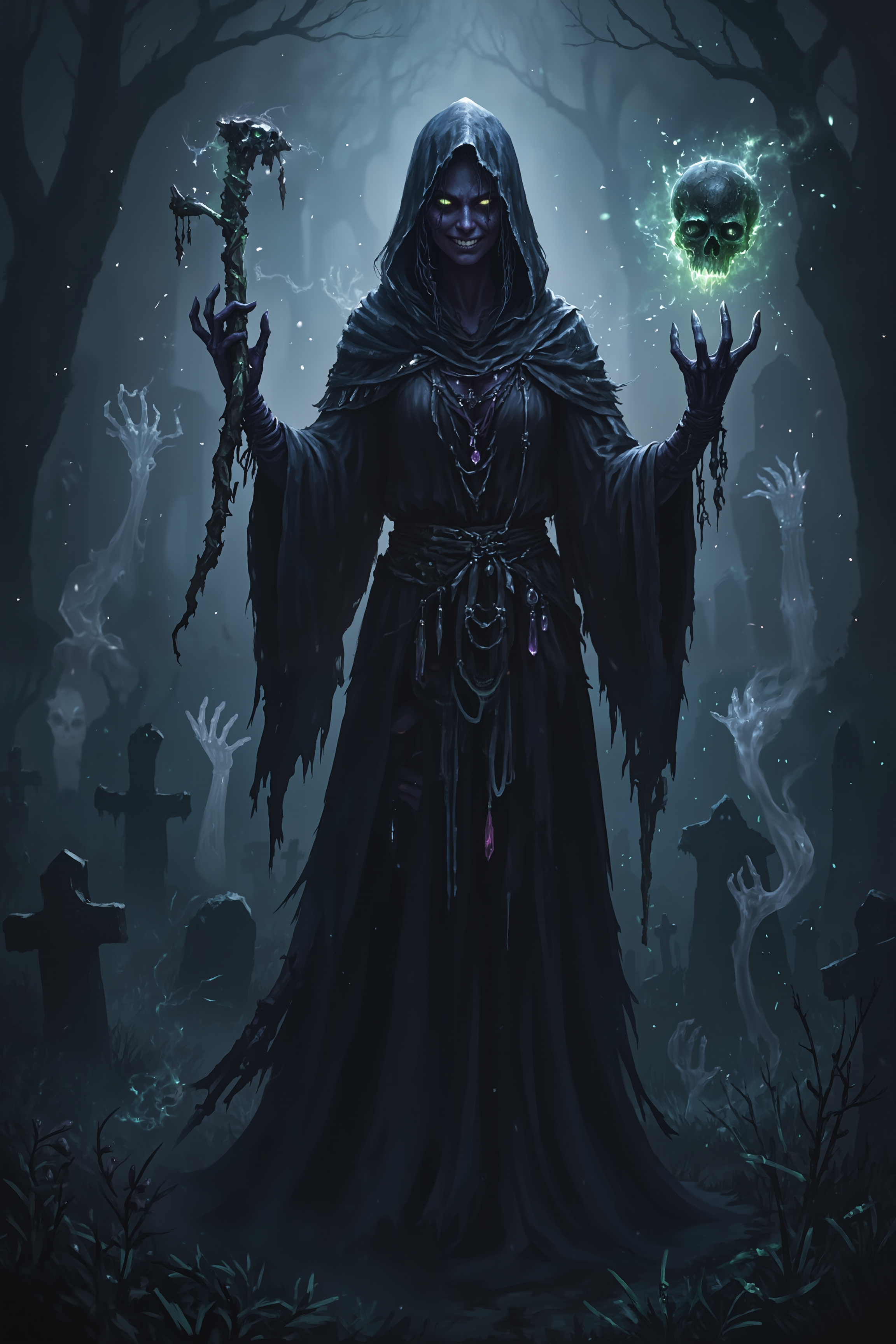 A shadowy necromancer, her dark violet skin illuminated only by the sickly green light of a floating skull, holds her staff with one skeletal hand while her other hand crackles with dark energy. Her eyes, deep and hollow, glow faintly beneath her hood, the only visible part of her face twisted into a ghostly grin. Her robes are tattered, swirling with smoky shadows that seem to move with a life of their own. Around her, spectral forms begin to rise, their translucent hands reaching out toward her, bound to her will. A faint, eerie mist clings to the ground, swirling with the faint sound of whispers and haunting moans. Her fingers tighten on her staff, a gnarled piece of wood adorned with bone charms and shards of dark crystal. Behind her, an ancient graveyard stretches into the darkness, gravestones casting long shadows under the dim moonlight. Her posture is calm and commanding, radiating a quiet but undeniable power over life and death.