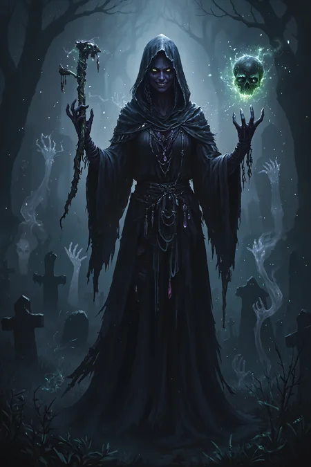 A shadowy necromancer, her dark violet skin illuminated only by the sickly green light of a floating skull, holds her staff with one skeletal hand while her other hand crackles with dark energy. Her eyes, deep and hollow, glow faintly beneath her hood, the only visible part of her face twisted into a ghostly grin. Her robes are tattered, swirling with smoky shadows that seem to move with a life of their own. Around her, spectral forms begin to rise, their translucent hands reaching out toward her, bound to her will. A faint, eerie mist clings to the ground, swirling with the faint sound of whispers and haunting moans. Her fingers tighten on her staff, a gnarled piece of wood adorned with bone charms and shards of dark crystal. Behind her, an ancient graveyard stretches into the darkness, gravestones casting long shadows under the dim moonlight. Her posture is calm and commanding, radiating a quiet but undeniable power over life and death.