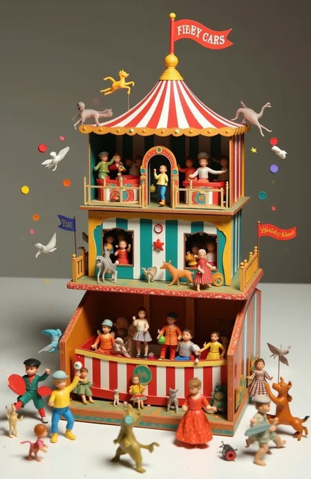 Tiny circus inside matchbox  <lora:models\Flux\PsyPop70s_Flux_LoRA:0.5>,  <lora:models\Flux\psycho_art:0.75>,
