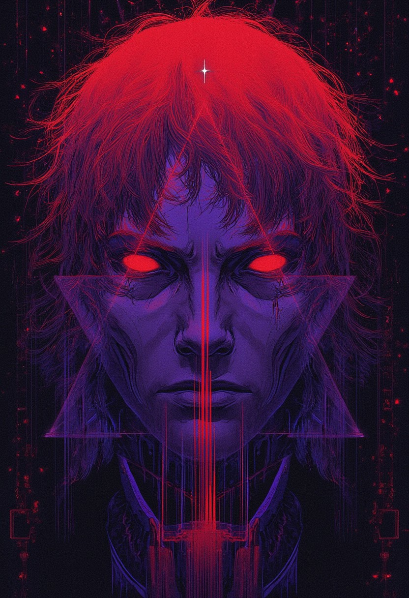 Styled by Katsuhiro Otomo, dark purple triangle. (Redhead,  triangle bust),  ((Synthwave)) , abstract lines , (minimalism 1), ray tracing details in the style of Stephen Gammell.
