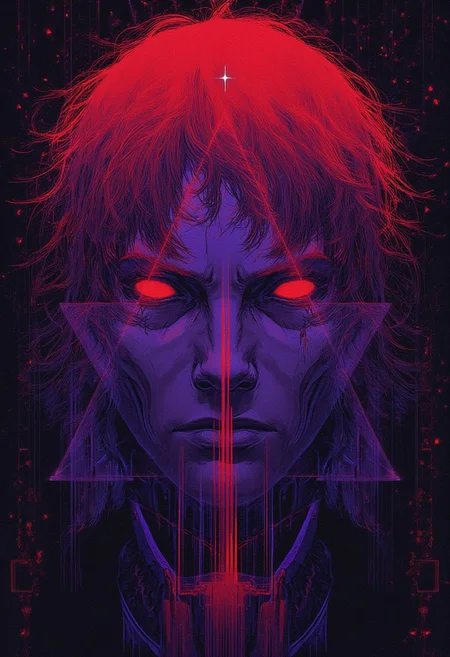 Styled by Katsuhiro Otomo, dark purple triangle. (Redhead,  triangle bust),  ((Synthwave)) , abstract lines , (minimalism 1), ray tracing details in the style of Stephen Gammell.