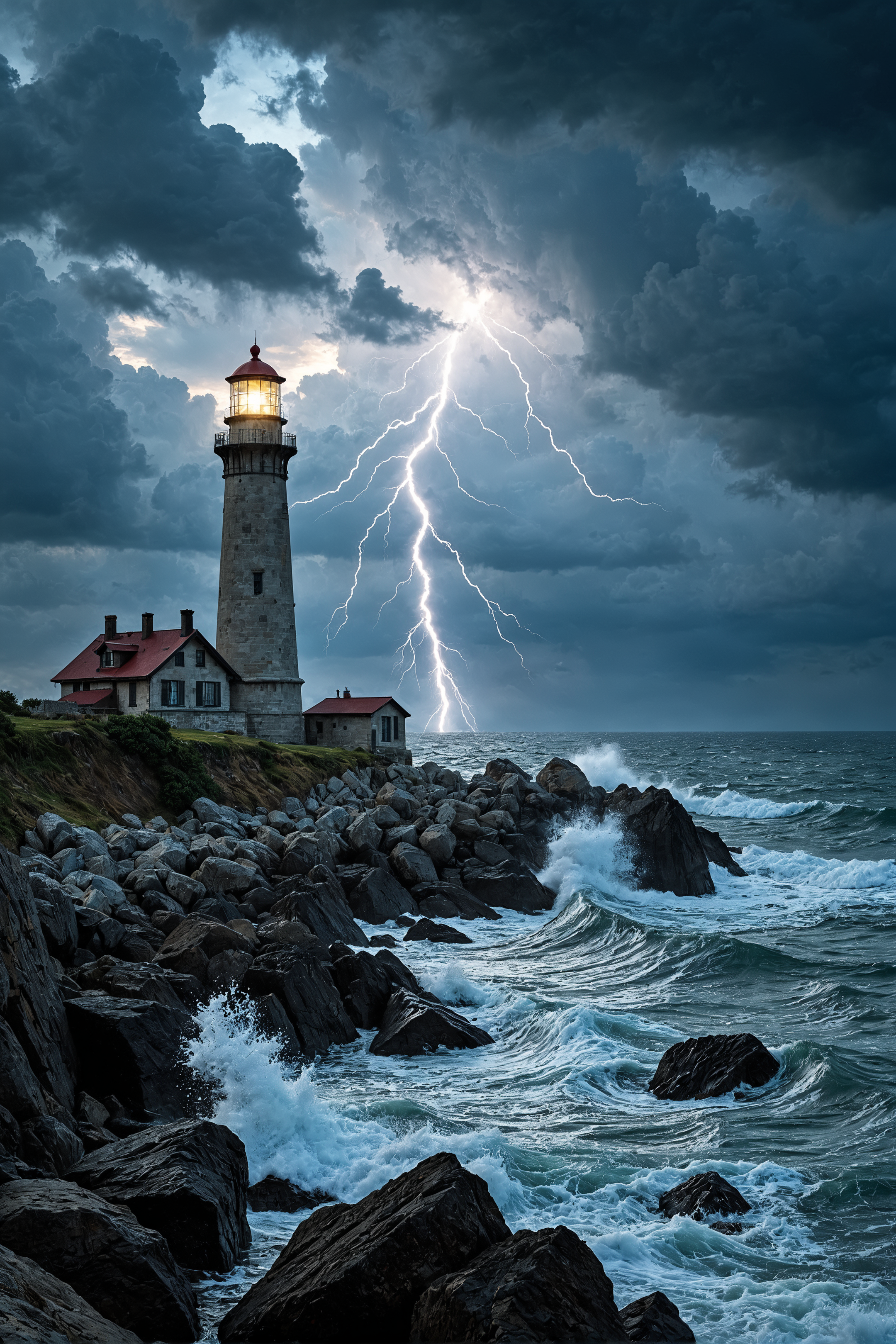 a scenic view of a lighthouse on a rocky shore, thunderstorm, violent waves crashing against the shore, dark clouds
