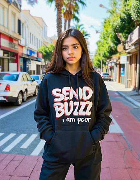 "SEND BUZZ I AM POOR" text, colorful graffiti on hoodie, calygraphic wildstyle bombing, thick lines, a cute european girl wearing a hoodie, looking at viewer, streets of los angeles, instagram photo, closeup shot