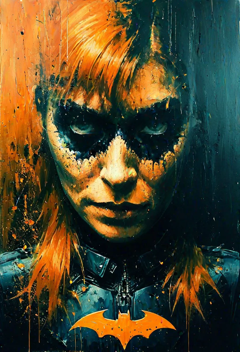 impactful paint of portrait of (((Batgirl))) with a batman mask on, orange hair, <lora:Disturbia:0.7>, highly detailed, 8k, sharp, professional, clear, high contrast, high saturated, , vivid deep blacks, crystal clear