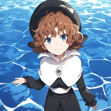 anime coloring, score_9, score_8_up, score_7_up, score_6_up,  mallybath blackbell, toaru, 1girl, solo, hat, brown hair, smile, short hair, blue eyes, capelet, looking at viewer, black headwear, long sleeves, pants, cosplay, dress, bow, closed mouth, standing, black pants
