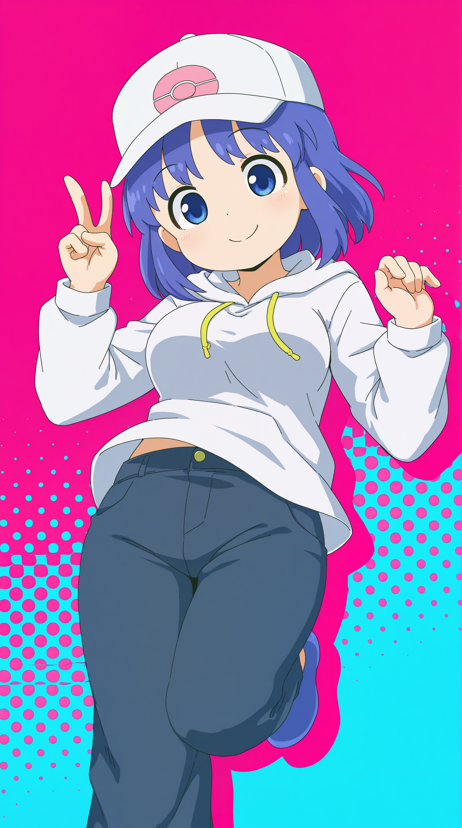 masterpiece, best quality, amazing quality, very aesthetic,  absurdres, best quality, 4k, upscale, Sholico,   halftone background, colorful background, colored shadow,(dynamic pose, foreshortening), 1girl, solo, hood, pants, long sleeves, blue eyes, blue hair,  v, hat, blue footwear, bangs, breasts, white headwear, smile,     <lora:Sholico_Magi_Fanta_G_Style:1>
