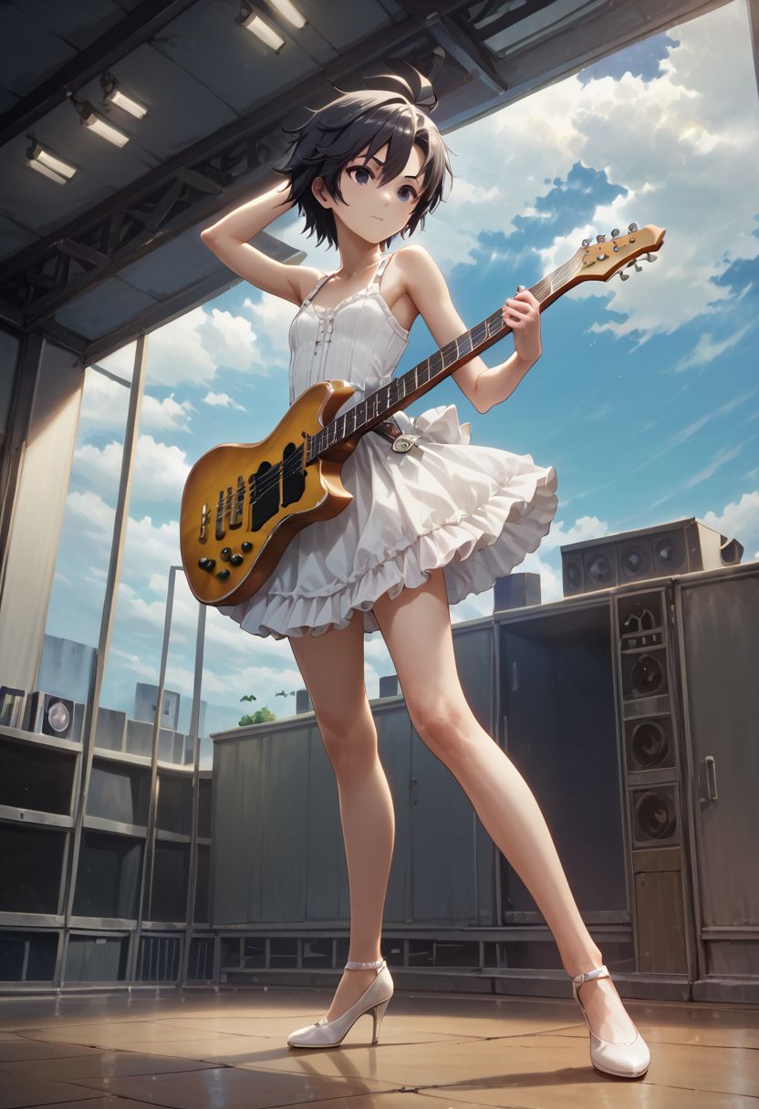 score_9,score_8_up,score_7_up,score_6_up,source_anime, <lora:Worldly_XL:1> assembly line, old factory, (rock concert, microphone stand: 1.3), ((((playing guitar:2)))), live concert, 
1girl, solo, full figure, standing, dynamic pose, singing, dancing, <lora:KikuchiMakoto_pony_v1:0.9> kikuchi makoto, kkcmkt, short hair, black hair, antenna hair, hair between eyes, black eyes, flat chest, small breasts,  (long legs:1.2), white dress, white shoes, delicate strappy heels,
zPDXL, zPDXL-neg