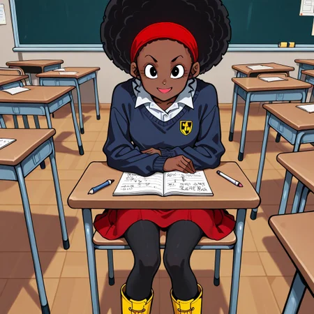 Rulah,1girl,Dark skin,afro hair,red headband,white shirt,dark blue sweater,red skirt with black lines,black leggings,yellow boots
Rulah sitting at a desk while writing her homework. She looks at the viewer while smiling. In the background, a classroom.