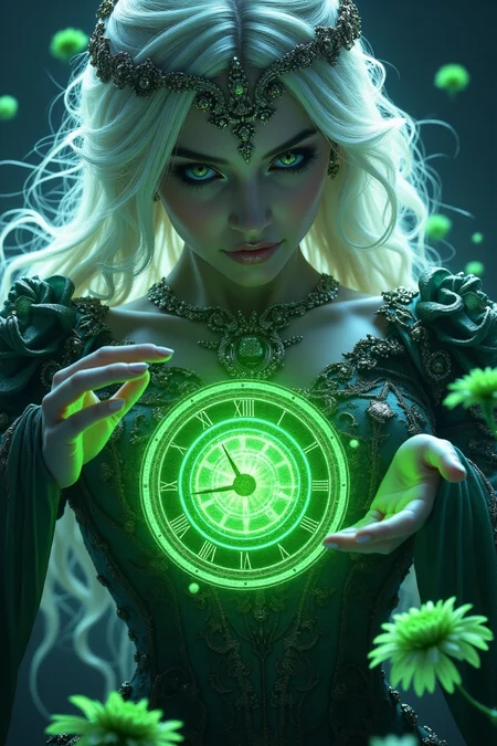 Chrono Divinities â Timeless Gods who control history through quantum tech. The female goddess in the images is casting a green magical time spell that resembles a floating clock, flowers in background, hkchrono <lora:ChronoDivinitiesFlux_r1:0.85> <lora:FluxMythP0rtr4itStyle:0.8>