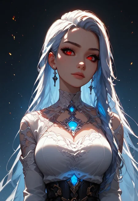 masterpiece, score_9, score_8_up, score_7_up, EasyNegative_v2, (best quality:1.1), ultra-detailed, high resolution,Highly Visible, 8k, sharp focus, beautiful, perfect lighting, smooth edges, 1girl, black pants, white top, blue glowing katana, long hair, red eyes, Sparks, embers, dimly lit, blurred background, high contrast, saturated colors