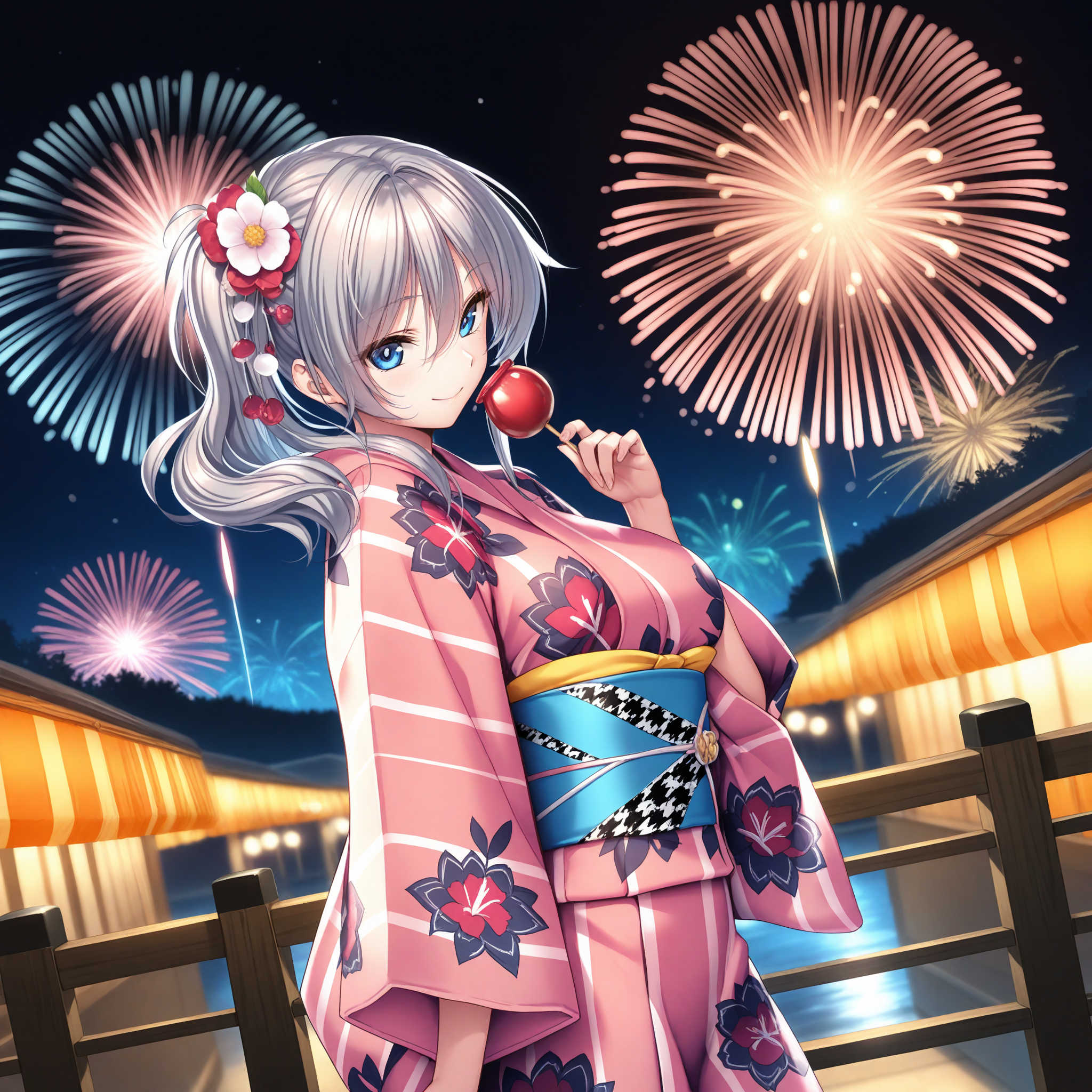 <lora:Jigokudani_Sara_1_nai-000044:1>,Jigokudani Sara,
hair flower,side ponytail,long hair,sidelocks,japanese clothes,sash,floral print,pink kimono,wide sleeves,yukata,long sleeves,striped clothes,print kimono,blue obi,
BREAK
1girl,solo,smile,looking at viewer,looking back,from behind,standing,dutch angle,night,aerial fireworks,firework background,standing,depth of field,lens_flare,candy apple,holding food,
