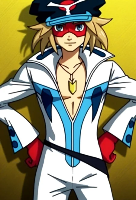 ((masterpiece)), ((best quality)), ((ultra-detailed)), ((absurdres)), score_9_up, score_8_up, score_7_up,
HD, top quality, best quality, amazing quality, High-quality illustrations, anime screencap, source_anime, best aesthetic, perfect proportions, perfect eyes, 1boy, 1male, solo boy, solo male, male focus, solo male focus, Anime, boy, male anime character, anime boy, handsome, sexy, cute, charming, ((tall body, tall height)), ((slender body, slim body)), Gan Takada, blonde hair, blue eyes, red eye mask, ribbons at back, hat, white jumpsuit, necklace, red gloves, thin black belt, ((cowboy shot, head to hips shot)), ((hands on hips pose)), easynegative, updn, Expressiveh, masterpiece, best quality, very aesthetic, absurdres