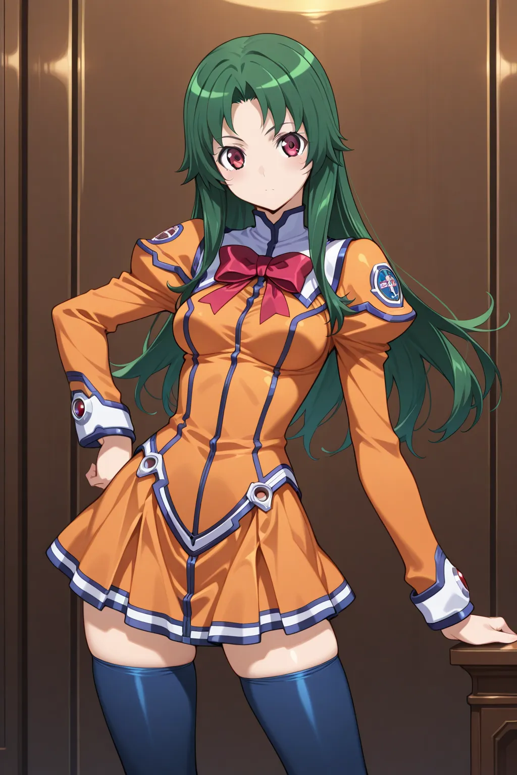 masterpiece, best quality, stellvia_kayama_akira_ilxl, 1girl, solo  <lora:stellvia_kayama_akira_ilxl:0.9>, orange shirt, orange skirt, zettai ryoiki, Navy blue tights, green hair, standing, model pose, looking at viewer