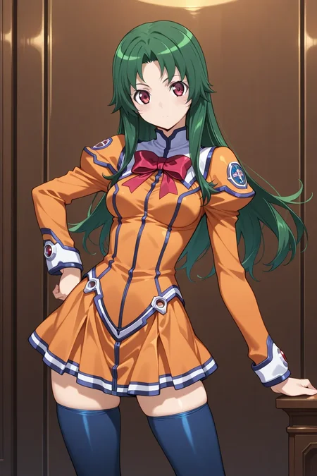 masterpiece, best quality, stellvia_kayama_akira_ilxl, 1girl, solo <lora:stellvia_kayama_akira_ilxl:0.9>, orange shirt, orange skirt, zettai ryoiki, Navy blue tights, green hair, standing, model pose, looking at viewer