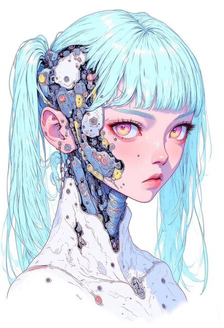 engineering drawing, thin line pen drawing, detailed anime-style portrait of a cyborg girl with ponytails, 3/4 view, she has light blue hair and pink eyes, surrounded by intricate mechanical components, the overall aesthetic is futuristic and mechanical, with a soft color palette and backlighting that enhances the ethereal, high-tech atmosphere
anime_martz, anime_source, DB4RZ, DB4RZ style painting, anime, cyberpunk