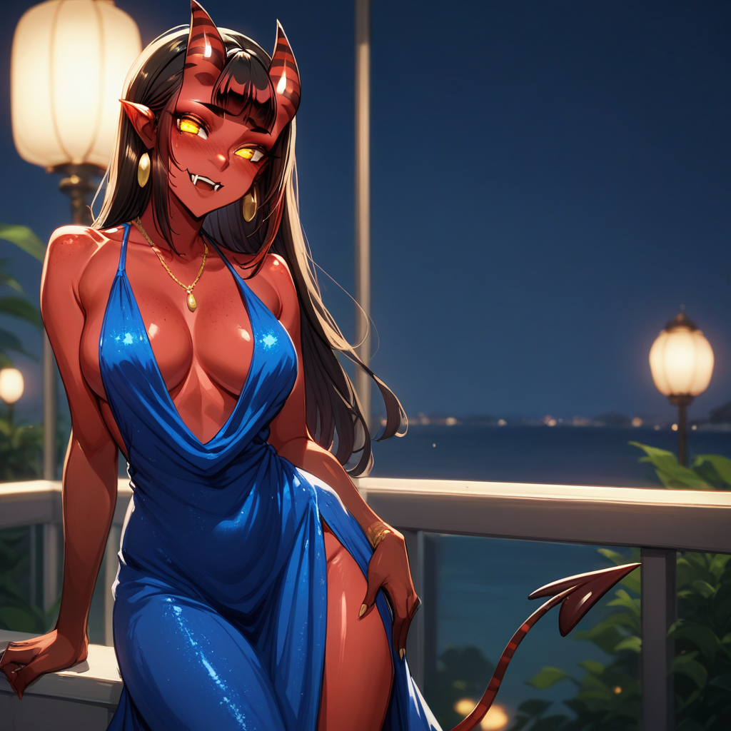 score_9, score_8_up, score_7_up,source_anime, 1woman, meruccubus_(merunyaa), meruccubus, MilfMeru, MILF, black hair, hair_between_horns, horns, pointy ears, (red_skin), multicolored_eyes, yellow eyes, red eyes, demon tail, fangs, evening gown, backless dress, sleeveless dress, sideless dress, plunging neckline, evening_dress, blue dress,