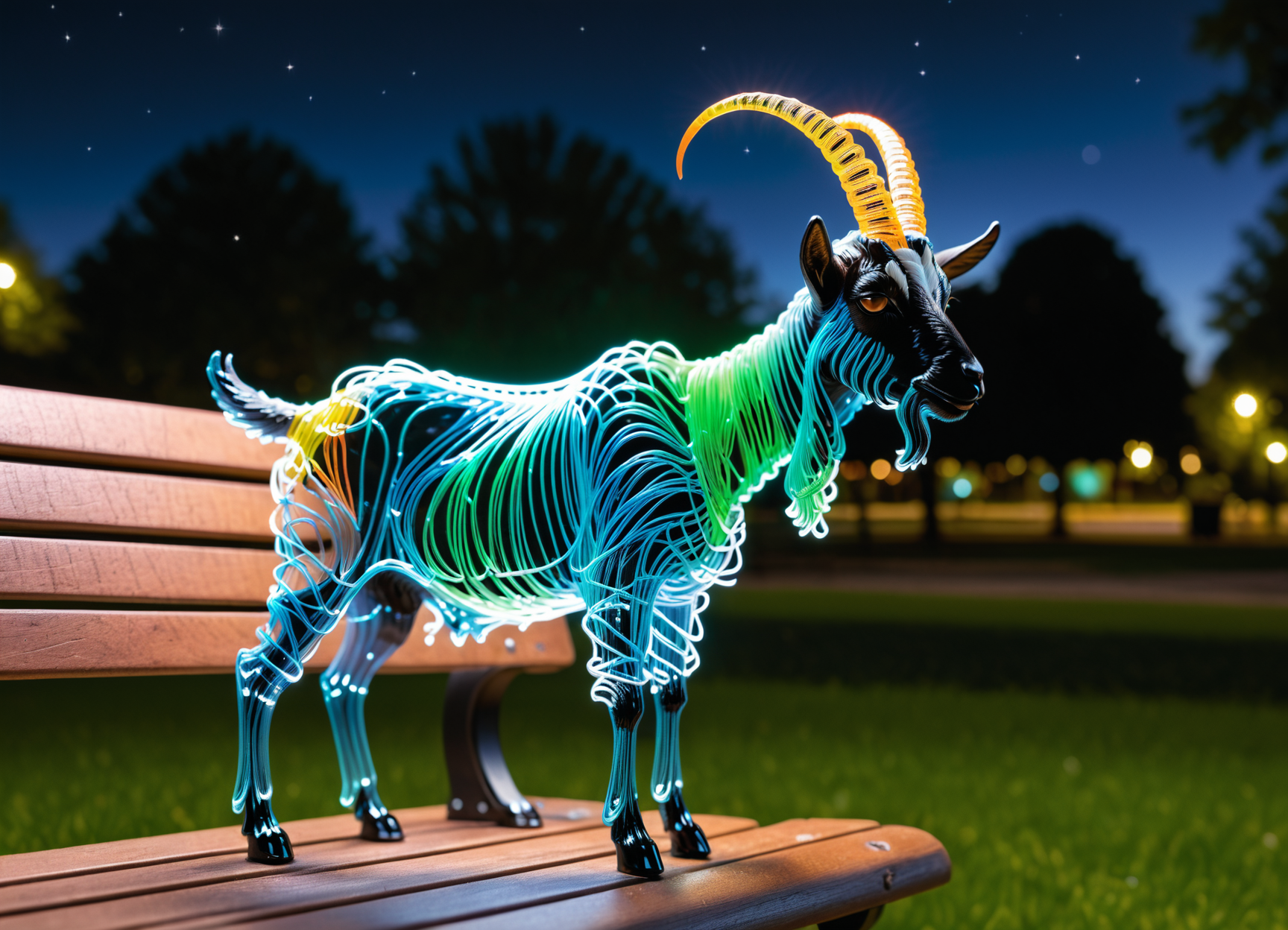 Macro Photography, goat (made of tiny neon glass filaments:1.2)  <lora:World_of_Glass_Filament:0.81> w0gf1l (sitting on a park bench at night:1.1), close-up, macro 100mm, macro photography