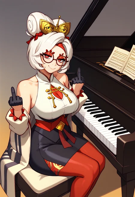 score_9, score_7_up BREAK grand piano, sitting, playing piano,1girl,purah,white hair,red eyes,hair ornament, red headband, red glasses, sleeveless shirt, white coat, black skirt, red leggings, gloves,smug,closed mouth,middle finger,looking at viewer,mature female <lora:grandpiano-concept-richy-v1_pdxl:1>  <lora:purah-pdxl-nvwls-v1:0.8>   <lora:riz_pd_dora:0.8>