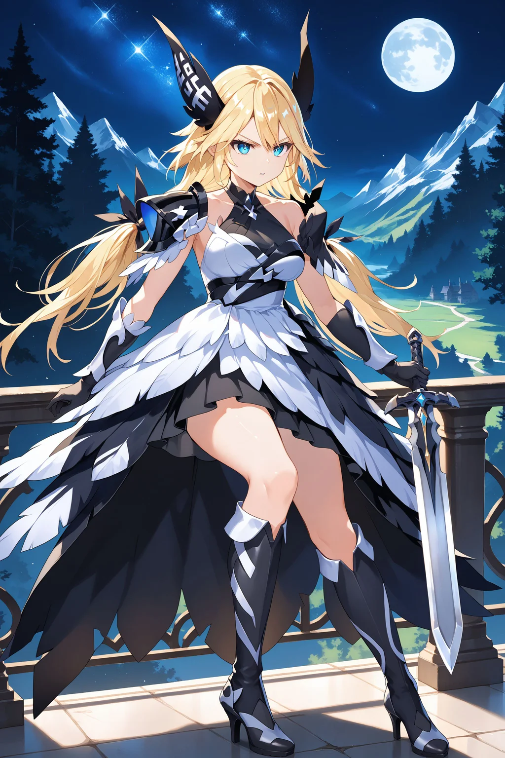 score_max, (score_9, score_8_up, score_7_up:1.2), score_6_up, official art,
masterpiece, absurdres, high detail,
night, starry sky, balcony, handrail, forest, mountain, moon,
fighting stance, holding sword, two-handed sword, serious, parted lips,
superbia, blonde hair, low twintails, dorigin, horns, multicolored dress, halterneck, white dress, black dress, sleeveless, shoulder armor, feathers, black gloves, knee boots, multicolored boots, heels,
<lora:XL_Pony_MGCM-superbia-t1:1.0>