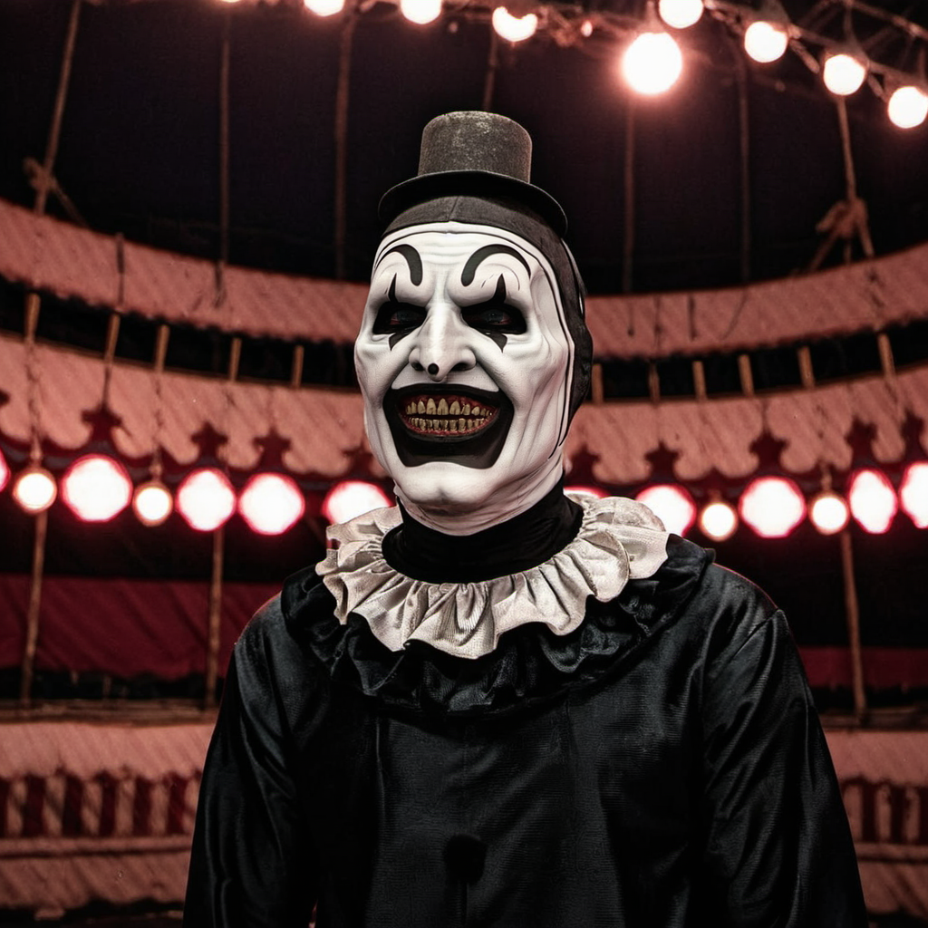cinematic photo a scary man  in an abandoned scary circus <lora:Art1024:0.8> . 35mm photograph, film, bokeh, professional, 4k, highly detailed