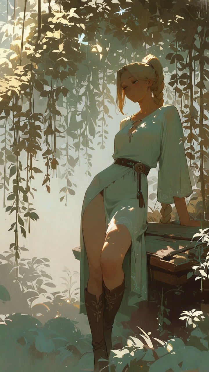 masterpiece, newest,absurdres,incredibly absurdres, best quality, amazing quality, very aesthetic,
1girl, focused downward gaze, high-slit tunic with reinforced seams, thigh-high strapped boots, blonde hair in thick ponytail braid pinned with carved wooden beads, dragonfly , muted sunlight through reeds, bronze theme, moss theme, pale jade hue, amber hue, dappled light over surface, distant willow trees,
<lora:0__11Xx:1> 0__11Xx_illu, <lora:style1_v1_Illusv2.0_1:1> stylized