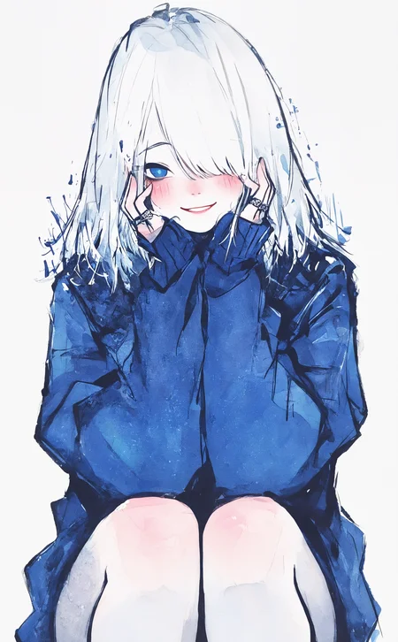 masterpiece, best quality, amazing quality, 1girl, solo, long hair, looking at viewer, smile, blue eyes, simple background, long sleeves, white background, sitting, jacket, white hair, parted lips, medium hair, hair over one eye, sleeves past wrists, squatting, ring, blue jacket, hands on own face, hands on own cheeks, multiple rings, Karinami Inkblush mode,thick ink outlines,soft marker gradients,era 2020s indie illustration,(Inkblush style:1.2),
watercolor <lora:noobai_ep11_stabilizer_v0.138_fp16:0.3> <lora:XXX667:0.6> <lora:96YOTTEA-WAI:0.6> <lora:wodder:0.7> <lora:Karinami_Inkblush_mode_Illustrious_clean:0.5>