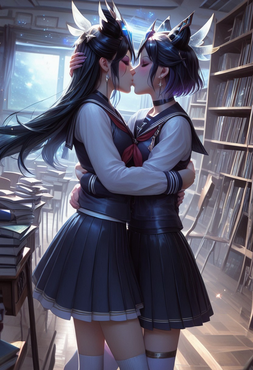 score_9, score_8_up, score_7_up, source_anime, <lora:Fixhands_anime_bdsqlsz_V1:1>, <lora:Expressive_H:0.7>, Expressiveh,
masterpiece, highres, ultra detailed, best quality, extremely detailed face, perfect lighting,
beautiful skin, shiny hair, shiny eyes, eyelashes, detailed eyes, kiss, closed eyes, blush, long hair,
multiple girls, 2girls, yuri, school uniform, skirt, serafuku, pleated skirt, socks, long sleeves, couple, sailor collar, kneehighs, school, library, bookshelf, book, short cut, standing, hug, neckerchief, light particles:1.5, indoors, cowboy shot, 
<lora:daisyuki_pony_V1.0:0.7>, daisyuki, girl 1 is prestige star guardian syndra