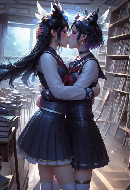 score_9, score_8_up, score_7_up, source_anime, <lora:Fixhands_anime_bdsqlsz_V1:1>, <lora:Expressive_H:0.7>, Expressiveh,
masterpiece, highres, ultra detailed, best quality, extremely detailed face, perfect lighting,
beautiful skin, shiny hair, shiny eyes, eyelashes, detailed eyes, kiss, closed eyes, blush, long hair,
multiple girls, 2girls, yuri, school uniform, skirt, serafuku, pleated skirt, socks, long sleeves, couple, sailor collar, kneehighs, school, library, bookshelf, book, short cut, standing, hug, neckerchief, light particles:1.5, indoors, cowboy shot,
<lora:daisyuki_pony_V1.0:0.7>, daisyuki, girl 1 is prestige star guardian syndra