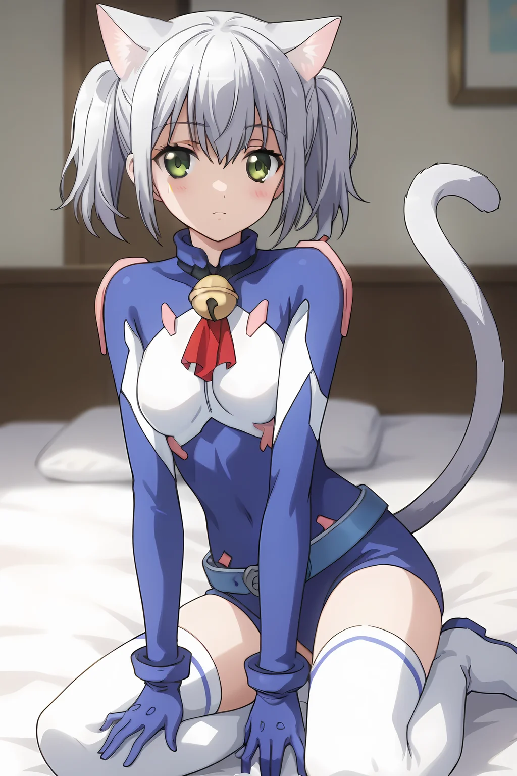 (blue bodysuit belt gloves white thighhighs thigh boots:1.50), cpc-chaika, short hair, short twintails, bangs, sidelocks, grey hair, hair between eyes, green eyes, cat ears, cat tail, neck bell,
1girl, solo, skinny, (source_anime, score_9, score_8_up, score_8, score_7_up), score_7, score_6_up, score_6, score_5_up, score_5,
(blush:1.30),
(bedroom:0.80),
(straight-on:1.60), (:1.20),
medium breasts
<lora:cpc-chaika-V01-000003:0.80>