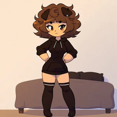 Solo,dog tail, dog ears, brown eyes, mimi, animal ears, thighhigs, black thighhigs, brown hair, Mature body, medium breasts, sweatshirt, black stockings, 25 years old,Bedroom, luxurious bed, beautiful furnishings, girl standing full-length next to the bed,