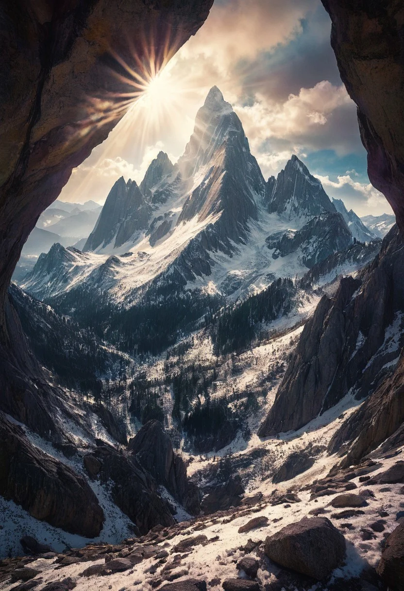 alpine-psychedelic vista, crystalline granite peaks, fractal snow patterns, volumetric light beams, monochromatic reality dissolving into sacred geometry psychedelic ansel adams in color, harmony, serenity,, best quality, photorealistic, extremely sharp focus, light leaks, unusual colors, abstract multilayer texture, by Abigail Larson , detailmaximizer, midjourneyv6.1,