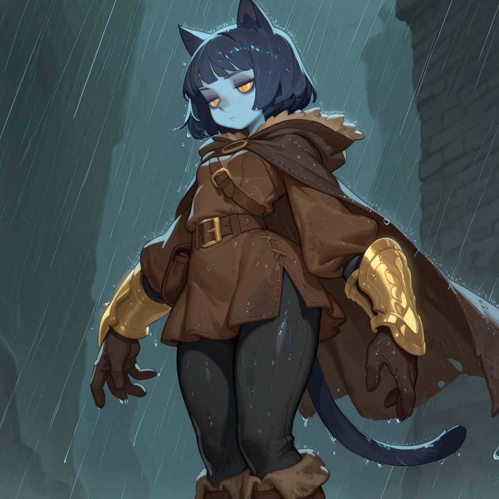 F3n6l1, masterpiece, very aesthetic, absurdres, (solo:1.5),
expressive eyes, beautiful detailed eyes:1, perfect face, thief cloak, fur trim, long sleeve tunic, belt, satchel, black leggings, boots, long gloves, long boots, skirt, dirty clothes, dark clothing, brown and black clothes, thick clothes, bracers, rogue, thief, fantasy, woods, hood down, thick gloves, gold forearm bracers, fantasy medieval town, blue cat ears, blue cat tail, (blue skin: 1.4), colored skin, yellow eyes, cat pupils, dark blue hair, medium hair, bobcut, bored, jitome, blue eyeshadow, flat breasts, medium hips, short, dark blue ears, dark blue tail, gold inner ear, gold details, raining, wet clothes, wet skin, wet hair, (5fingers:1.4)