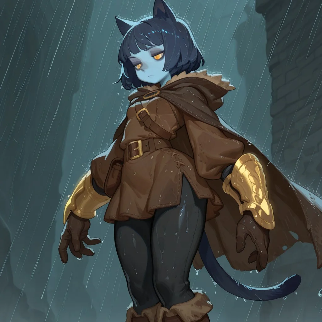 F3n6l1, masterpiece, very aesthetic, absurdres, (solo:1.5),
expressive eyes, beautiful detailed eyes:1, perfect face, thief cloak, fur trim, long sleeve tunic, belt, satchel, black leggings, boots, long gloves, long boots, skirt, dirty clothes, dark clothing, brown and black clothes, thick clothes, bracers, rogue, thief, fantasy, woods, hood down, thick gloves, gold forearm bracers, fantasy medieval town, blue cat ears, blue cat tail, (blue skin: 1.4), colored skin, yellow eyes, cat pupils, dark blue hair, medium hair, bobcut, bored, jitome, blue eyeshadow, flat breasts, medium hips, short, dark blue ears, dark blue tail, gold inner ear, gold details, raining, wet clothes, wet skin, wet hair, (5fingers:1.4)