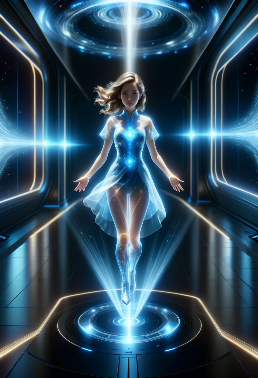 hyper detailed masterpiece, dynamic, awesome quality,hyperrealism,female teleporting entitie- surrounded by glimmering, swirling lights during teleportation, ,  DonMH010D15pl4yXL <lora:DonMH010D15pl4yXL-000008:1>
