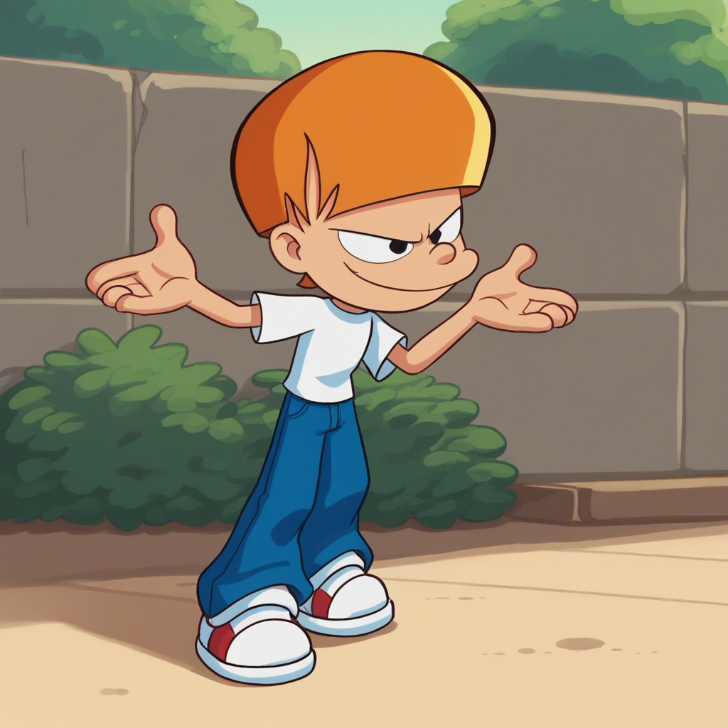 score_8_up, BREAK, Tom, 1boy, solo, orange hair, short hair, black eyes, white shirt, pants, full body,  <lora:Tom_SweetLittleMonsters_PXL_Leaf1:1>, outdoors, smirk,