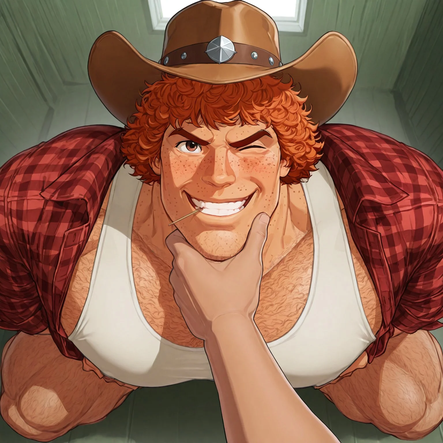 masterpiece, best quality, newest, absurdres, highres, white borders around characters, dim Light, dark soft light, inside building, detailed background, intricate details, BREAK bara, muscular male, male focus, 1man, plump, male focus, 1boy, big pecs, huge shoulders, thick waist, short hair, curly hair, messy hair, dark orange hair, hairless face, brown eyes, tan skin,{{beefy}}, {{muscular}}, {{large}}, {{tall}},  portrait, HD, detailed, alone, close up, face closeup, upper body focus, zoom in, (((cowboy hat)))), red shirt, flannel shirt, open shirt, sleeves, white tank top, tight tank top, body covered, chest covered, toothpick in mouth, looking at viewer, shoulder angle, mouth open, face freckles only, playful, silly, dynamic poses, body hair, hairy shoulders, hairy body, wink, big smile, view from above, top angle, front angle, pov, viewer's pov, grabbing chin, hand on chin, groping chin, on knees, kneeling, on his knees