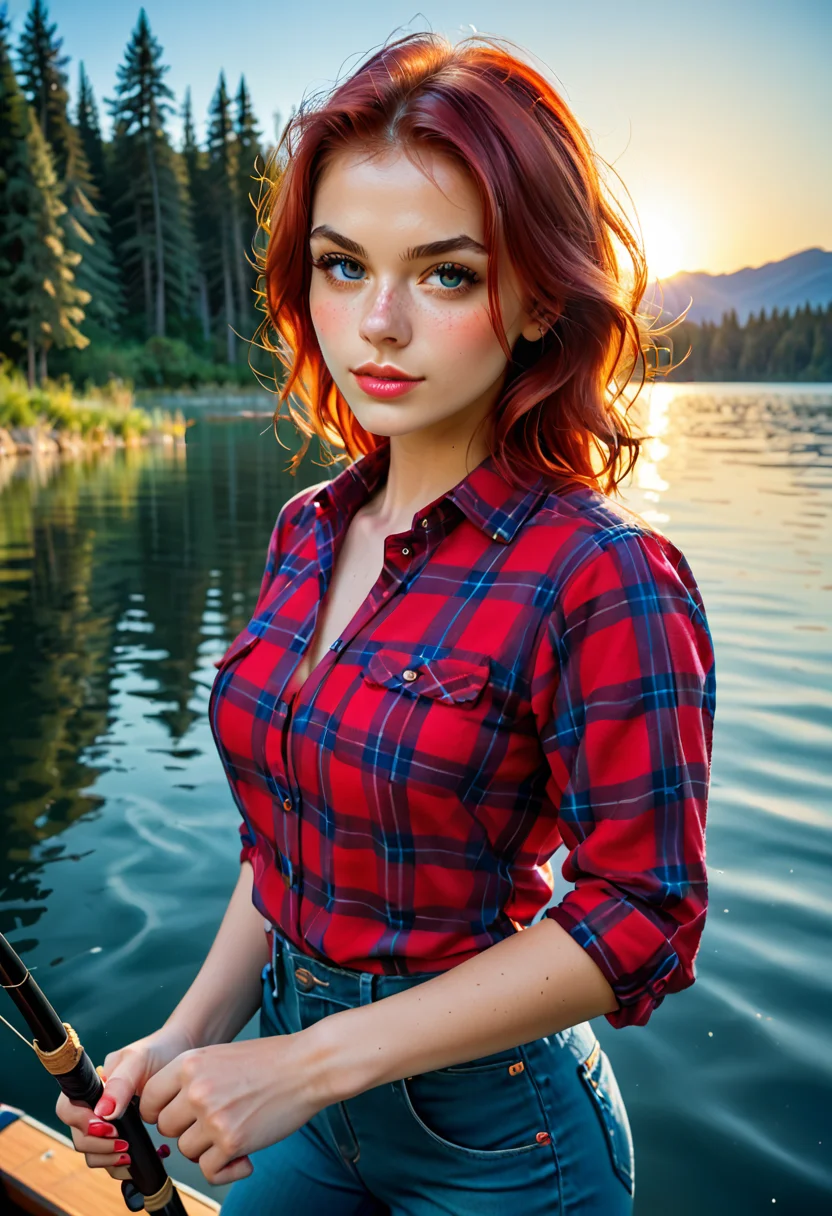 score_9, score_8_up, score_8, score_9, pov, 1girl, dynamic angle, dynamic pose, dynamic lighting, beautiful young woman, red hair, freckles, tucked in flannel shirt, blue jeans, medium breasts, (blushing), perfect anatomy, fishing with fishing rod, on idyllic lake shore in the mountains, pine trees, birds, blue sky, sun <lora:RealPrincess_v2_r1:0.8>
