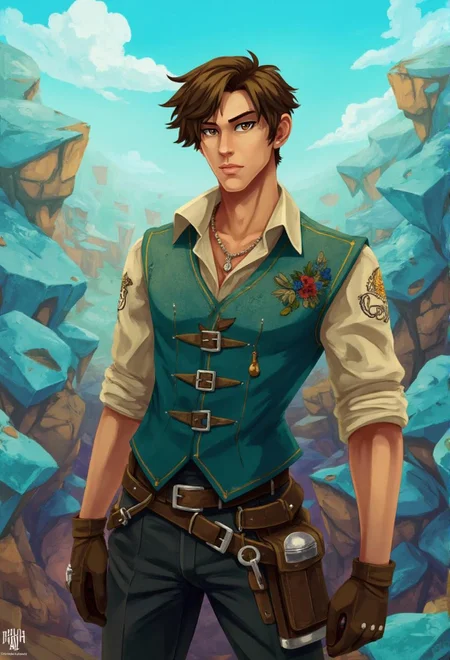 <lora:ck-LttleGhost-000011.safetensors:1> in the style of ck-lttlegh0stA handsome 24 year old man with messy brown hair and piercing eyes stands at the edge of a vast, blue rock-strewn landscape, bathed in the warm glow of a turquoise sky. He wears a teal vest adorned with intricate embroidery over a beige shirt, accompanied by worn leather gloves and a belt studded with tools. The atmosphere is fantastical and earthy, evoking an air of rugged adventure as he stands amidst the natural wonders that tower around him.