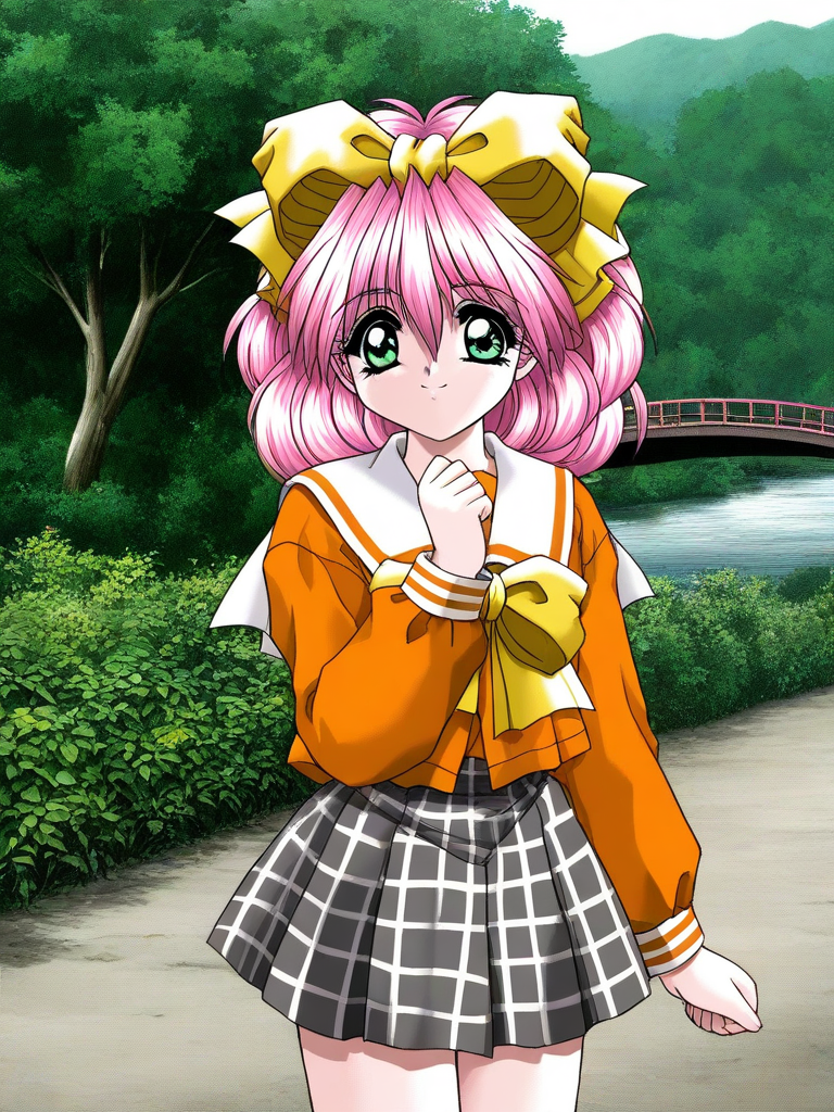 general,highres, ultra-detailed,very aesthetic,best quality ,best hands, BREAK <lora:Kanzaki_Suzu_Akumu_AoiKajitsunoSange_IS:1>
Kanzaki_Suzu, 1girl, solo, pink hair, medium hair, yellow bow, green eyes, hair bow, short,
orange school uniform, gray plaid skirt, white and black skirt, 
smile,
scenery, outdoors, plant, natural, bridge,