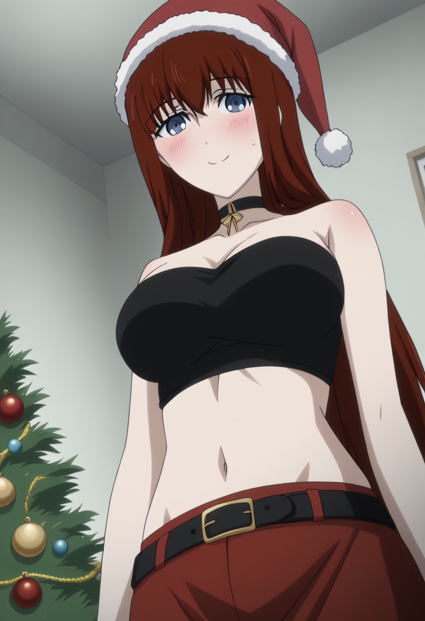 rating_safe, Ultra-high-detailed Anime illustration of Kagari Shiina from Anime Steins;Gate 0. The artwork features Kagari in a solo, face focus, upper body, standing position with a intdoors, indoors, living room with Christmas atmosphere. Gorgeous Christmas tree in background. Night Time..
She is depicted with intricate details showcasing her large_breasts, natural_breasts. She is a white skinned, 22 years old woman. Kagari is looking_at_viewer with perfect_eyes, Her pupils are highly detailed. The eyes are open. blue eyes. Kagari's eyes are highlighted. Highlighted eyevrows. 
She has long_hair, red_hair styled in floating_hair, shiny_hair and bangs. 
She is wearing a black choker and a Santa dress, strapless crop top, sleevless crop top with bare shoulders.
She is wearing a Santa Hat and red skirt, red pencil skirt with black belt.
The artistic style is intricate_details_xl with a focus on Anime art. The color palette emphasizes red and black with detailed strokes to bring out the character's features. The lighting creates dramatic shadows and highlights, adding depth to the artwork. The perspective is from a face focus, dutch angle to enhance the impact of the character's expression. This masterpiece is a true portrayal of Kagari's complex personality and will captivate any fan of Kagari. uncensored, upper body, blushing, smile, kagari_shiina,
<lora:Steins_Gate:1>